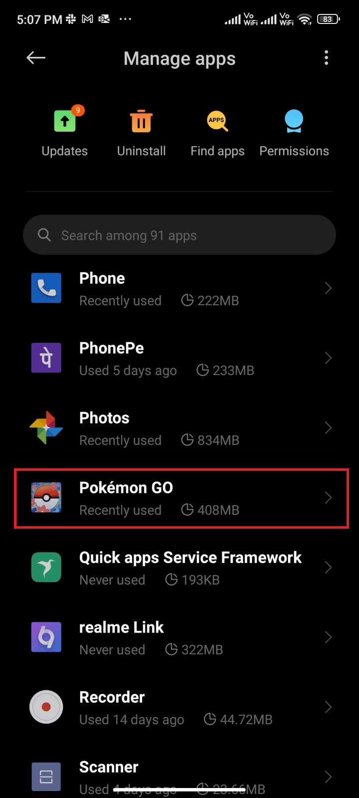 然后，点击管理应用程序，然后点击 Pokemon GO