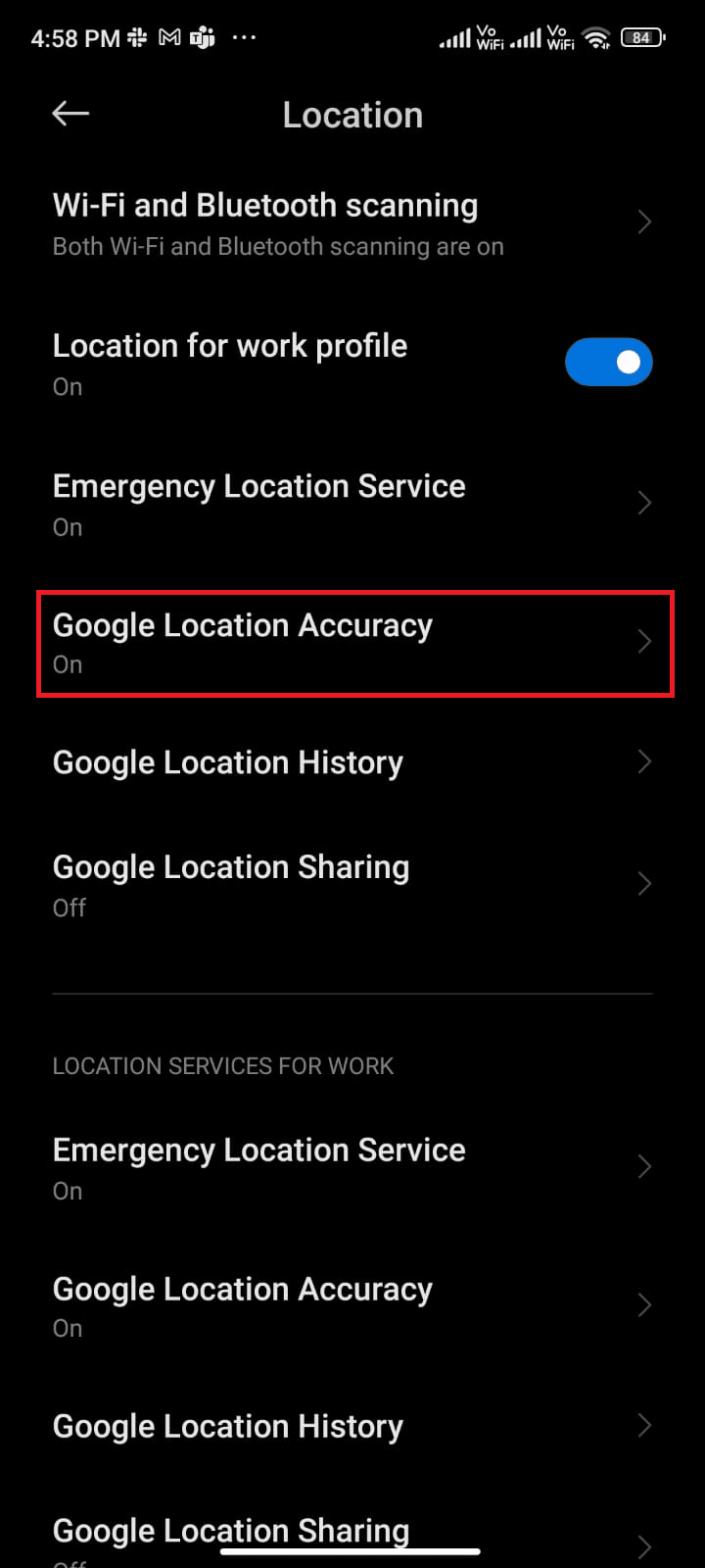 然后，点击 Google Location Accuracy 选项。修复 Pokemon Go 冒险同步不起作用