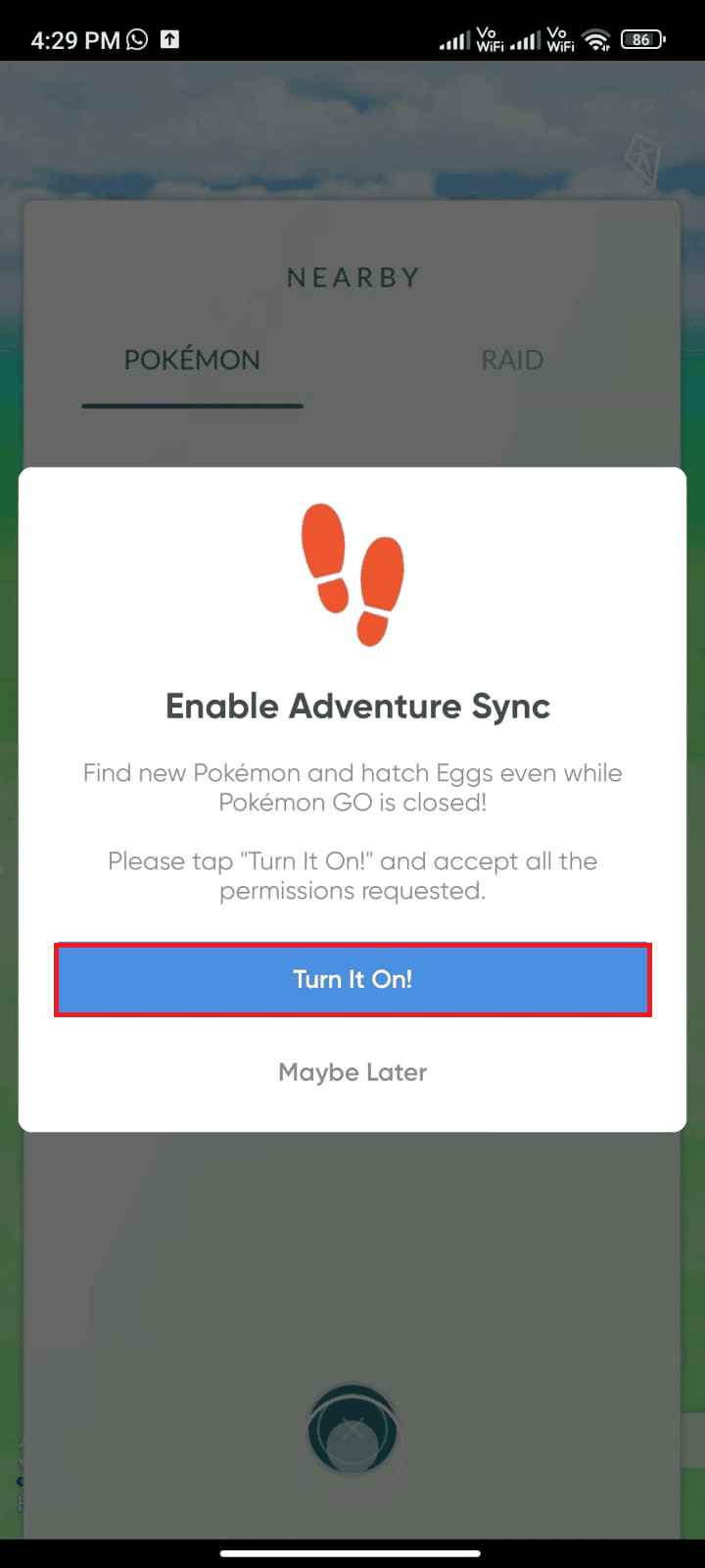 Теперь включите Adventure Sync и активируйте его. Подтвердите запрос, нажав «Включить». исправлена ​​​​ошибка, из-за которой синхронизация приключений Pokemon Go не работала