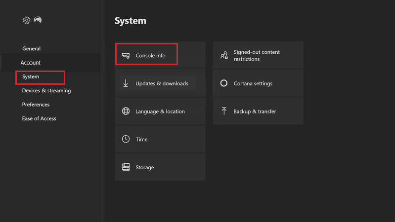 sélectionnez l'option système, puis les informations sur la console dans xbox one. Comment réparer le casque Xbox One ne fonctionne pas