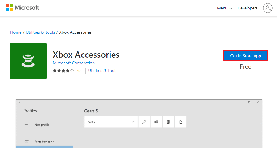 Buka situs web Microsoft Store resmi untuk aplikasi aksesori Xbox dan klik tombol aplikasi Dapatkan di Toko
