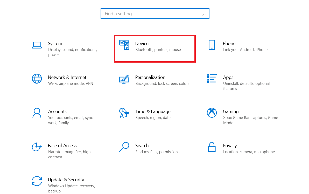 คลิกที่ตัวเลือกอุปกรณ์ในเมนูที่แสดง Xbox One Controller Disconnecting Randomly Windows 10 PC