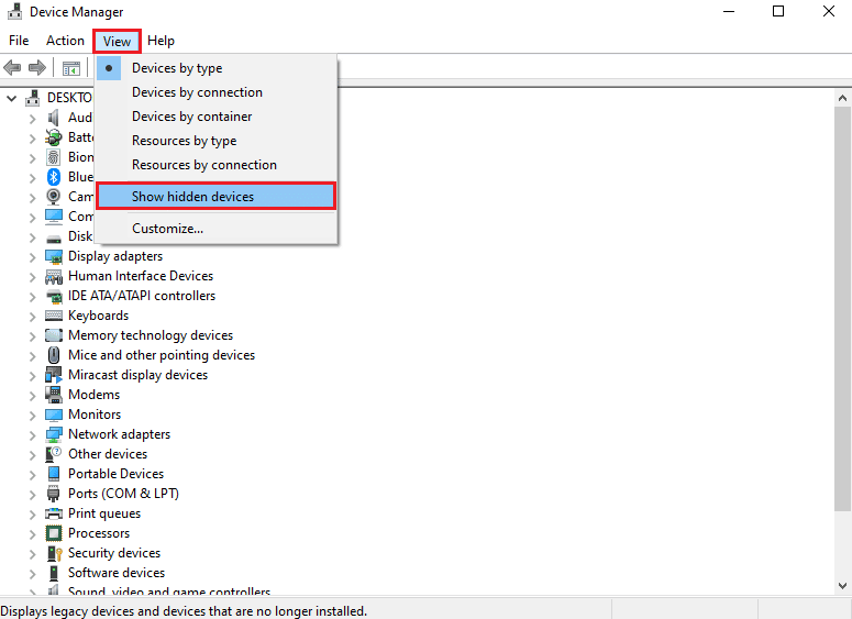 Görünüm sekmesine tıklayın ve Gizli cihazları göster seçeneğine tıklayın