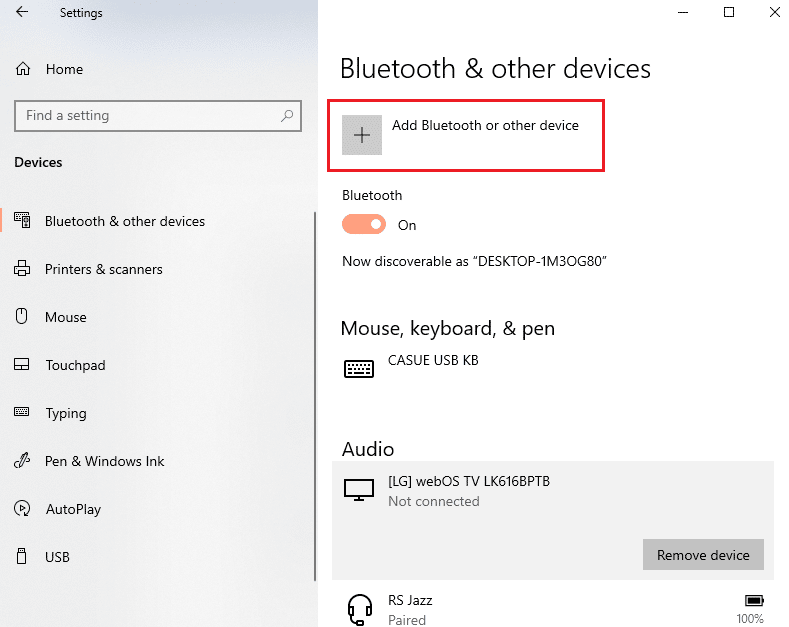 Clique no botão Adicionar Bluetooth ou outro dispositivo