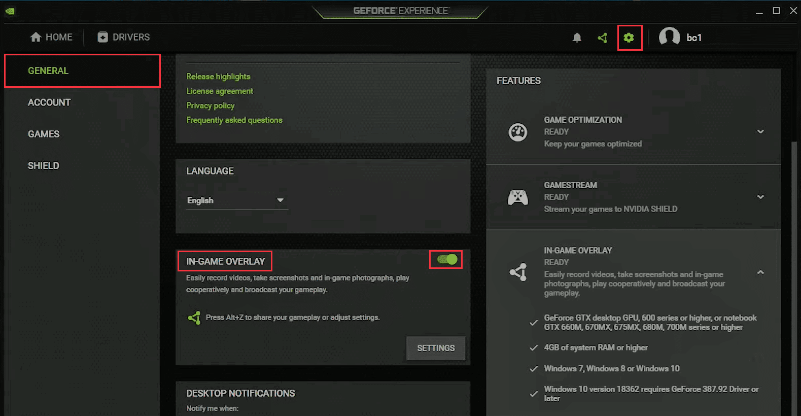 ไปที่การตั้งค่าและในการตั้งค่าเมนูทั่วไป สวิตช์เปิด Ingame overlay ใน GeForce Experience Shadowplay