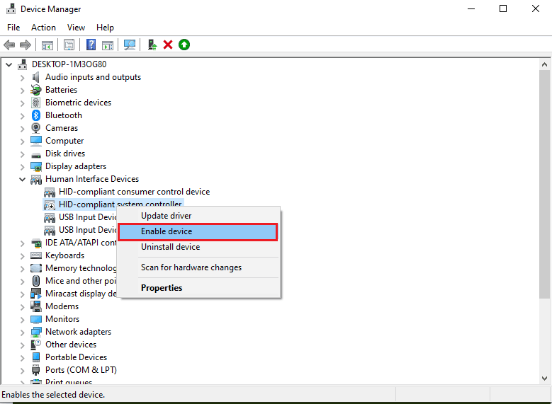 Haga clic derecho en el dispositivo Xbox One Controller y haga clic en la opción Habilitar dispositivo