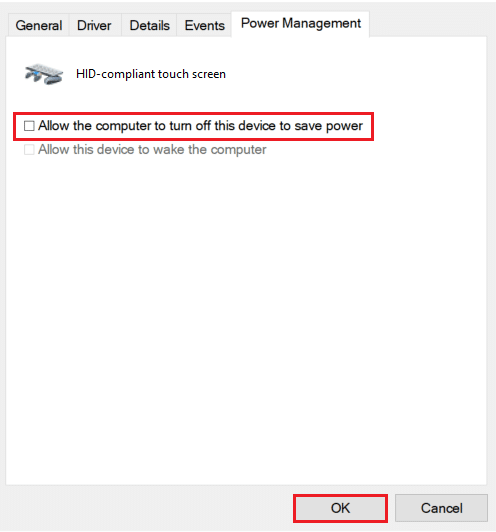 ยกเลิกการเลือก อนุญาตให้คอมพิวเตอร์ปิดอุปกรณ์นี้เพื่อประหยัดพลังงาน ตัวเลือกในแท็บการจัดการพลังงานในคุณสมบัติหน้าจอสัมผัสที่สอดคล้องกับ HID