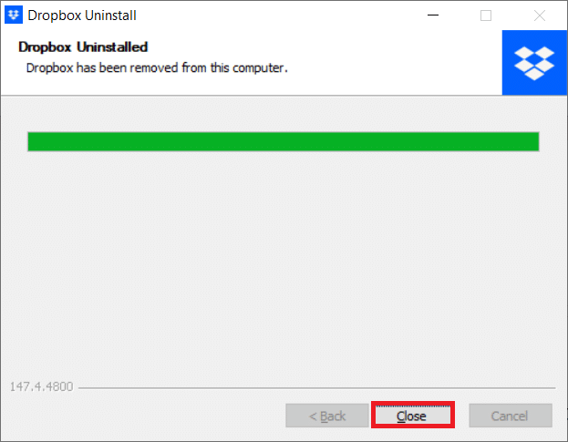 Kliknij Zamknij, aby zakończyć proces dezinstalacji | Jak usunąć się z grupy Dropbox?