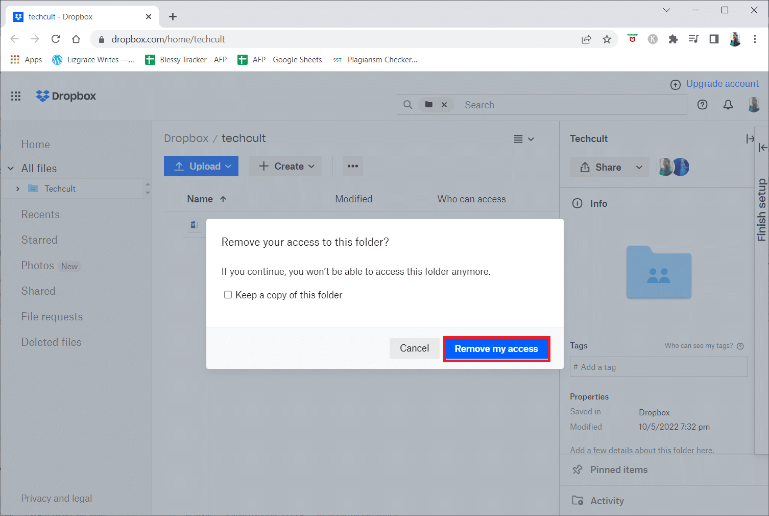 clique em Remover meu acesso novamente no pop-up | Como faço para me remover de um grupo do Dropbox