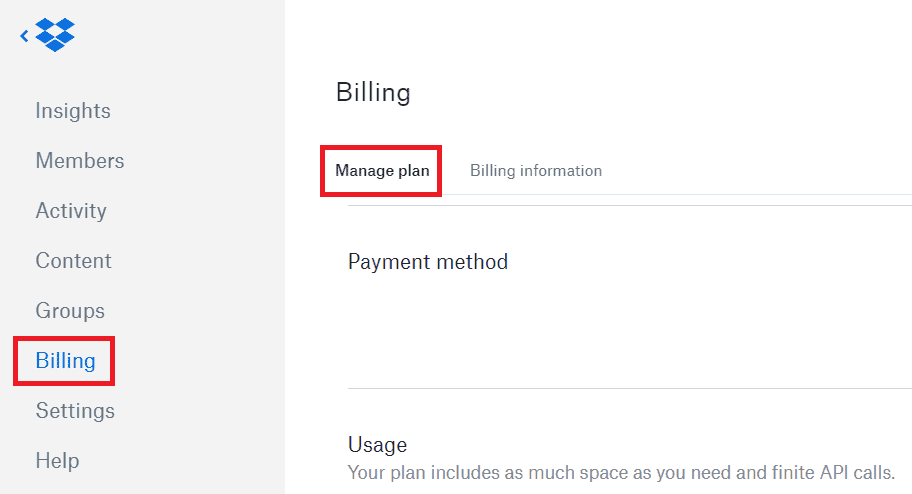 انقر فوق علامة التبويب Billing - Manage Plan | كيف أقوم بإزالة نفسي من مجموعة Dropbox