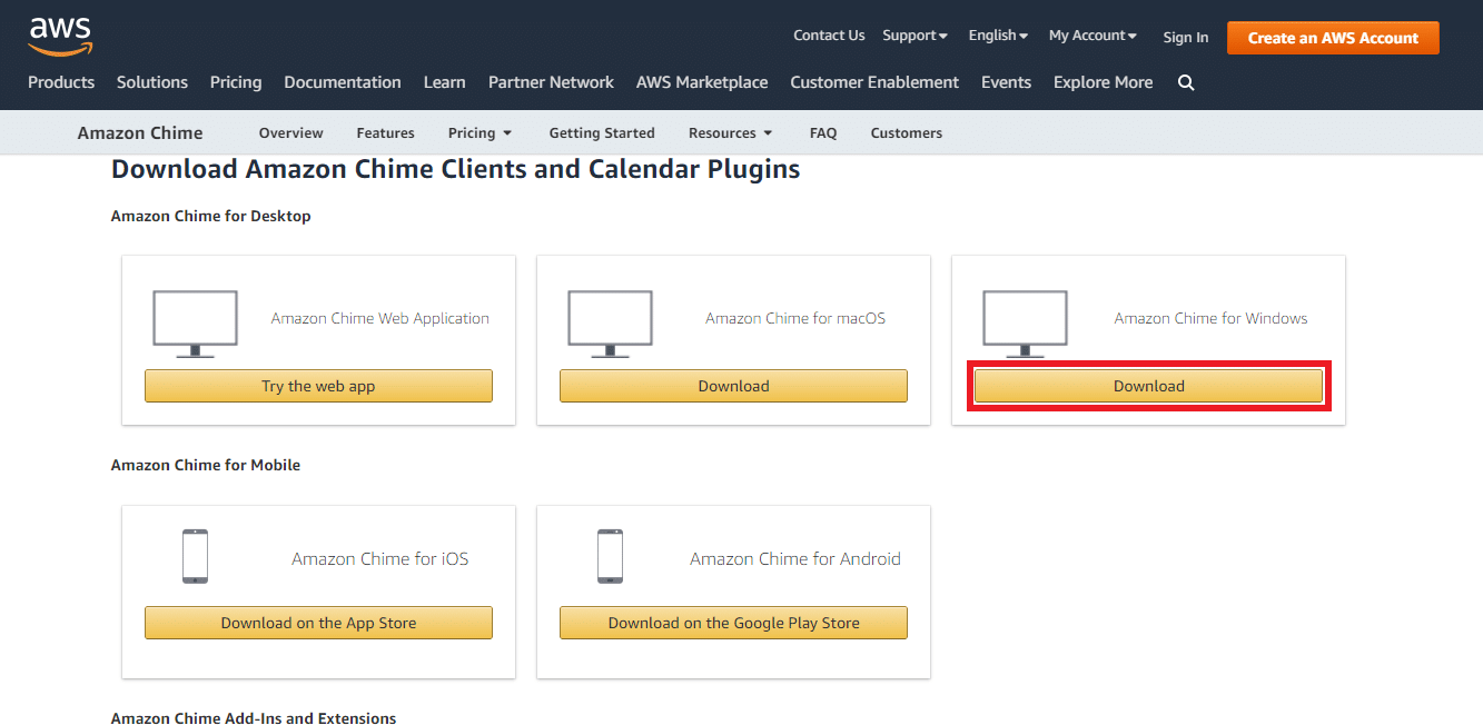 Faceți clic pe Descărcare | Conectare Amazon Chime