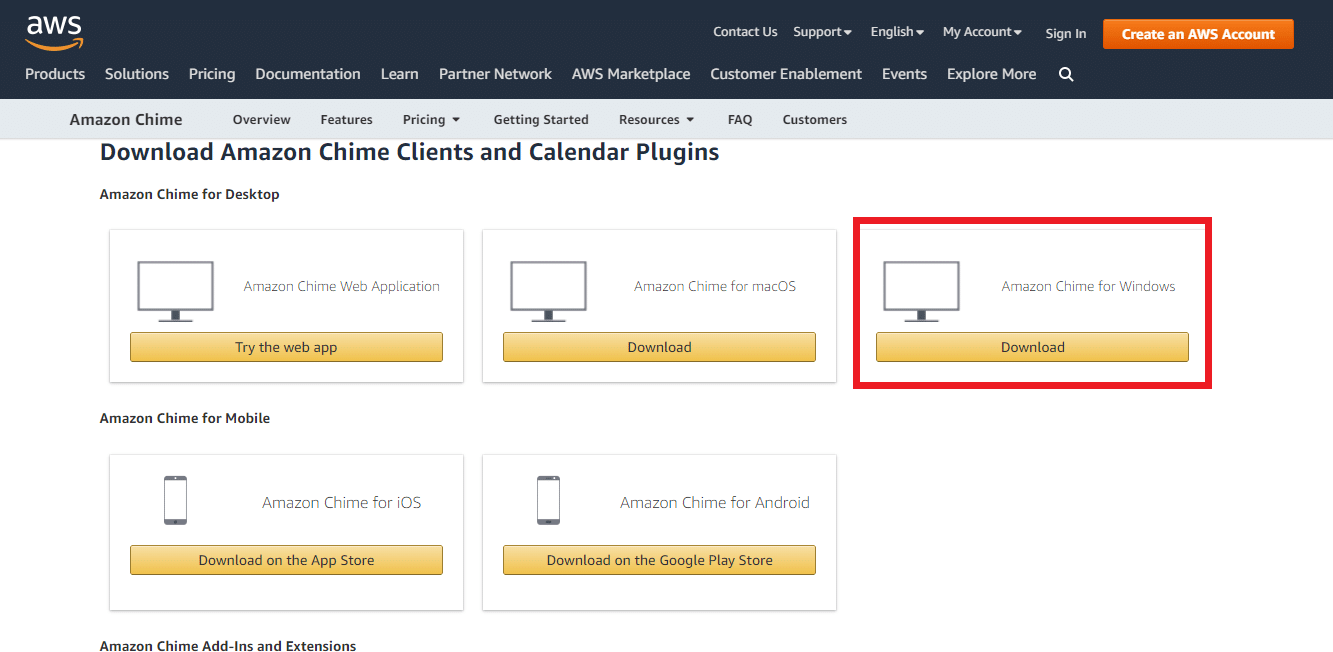 Derulați în jos și găsiți opțiunea Amazon Chime pentru Windows