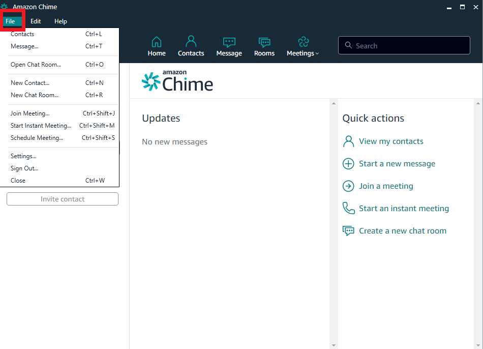 单击左上角 Amazon Chime 账户中的文件选项