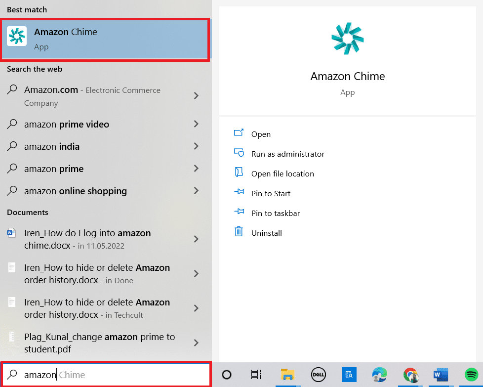 Windows arama çubuğuna Amazon Chime yazın ve başlatın