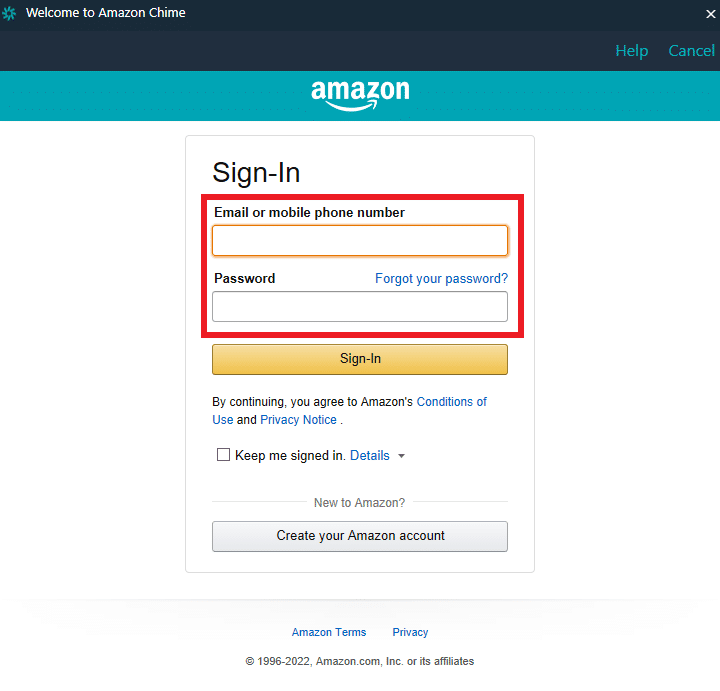 Inicie sesión ingresando la dirección de correo electrónico | Inicio de sesión en Amazon Chime