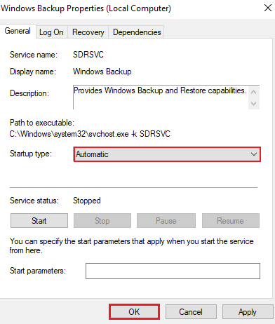 Configure el tipo de inicio automático y seleccione ok | Solucionar el error 0X800703ee en Windows 10