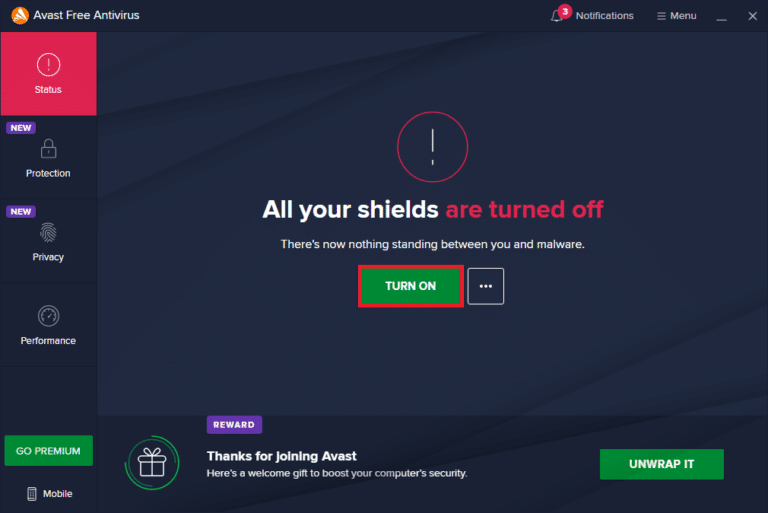 Deshabilitar antivirus temporalmente | Solucionar el error 0X800703ee en Windows 10