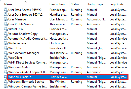 desplácese hacia abajo hasta Copia de seguridad de Windows en Servicios y haga clic derecho sobre él