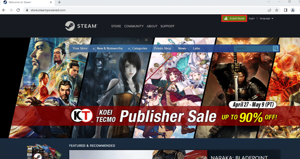 デフォルトのウェブブラウザでSteamアプリの公式ウェブサイトを開き、[Steamのインストール]ボタンをクリックします