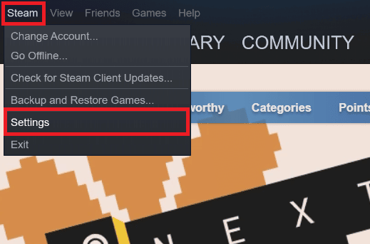 Clique na opção Steam na barra de menu e clique em Configurações