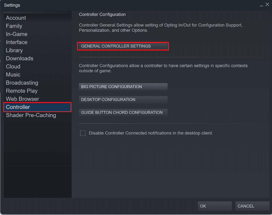 cliquez sur PARAMÈTRES GÉNÉRAUX DU CONTRÔLEUR dans la section Contrôleur. Correction du processeur élevé du programme d'amorçage du client Steam sous Windows 10