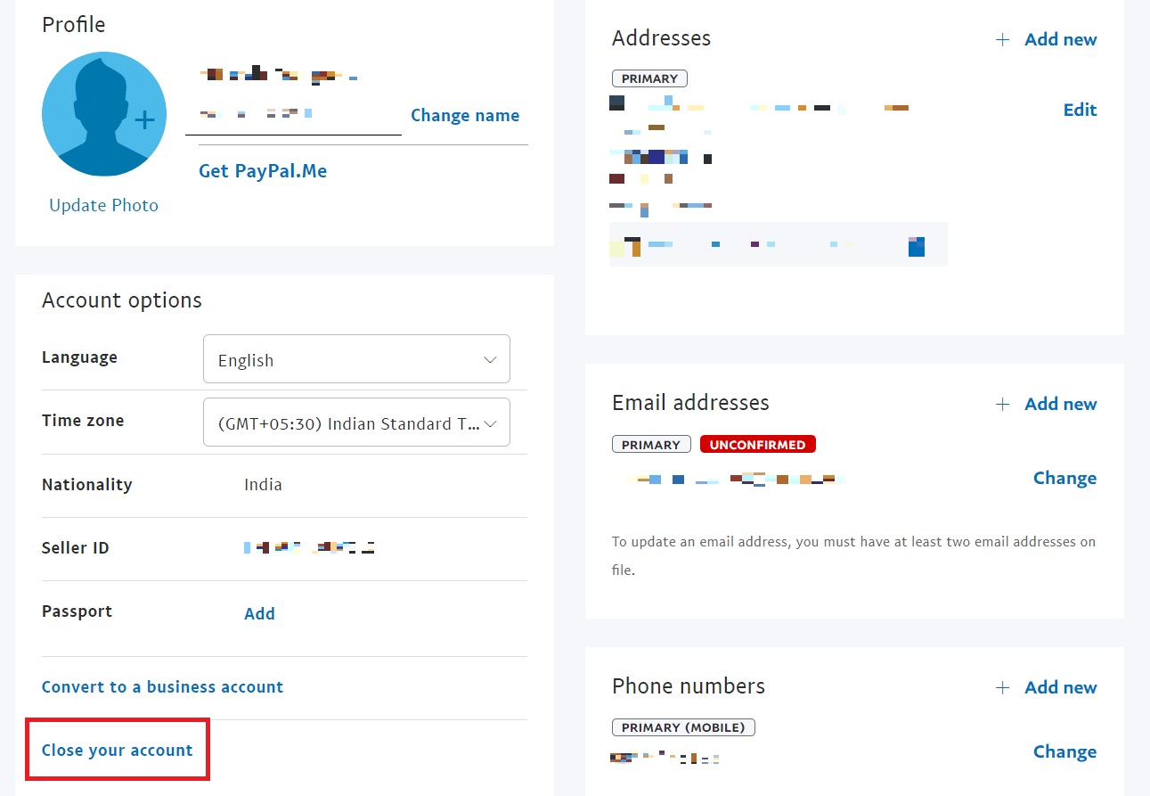 kliknij opcję Zamknij konto w sekcji Opcje konta | Jak zmienić konto PayPal z biznesowego na osobiste?