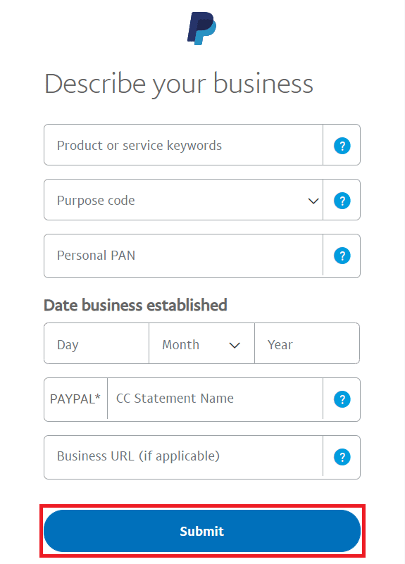 Beschreiben Sie Ihr Unternehmen, indem Sie Ihre geschäftsbezogenen Informationen angeben, und klicken Sie auf „Senden“.