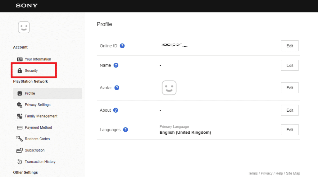 Fai clic sull'opzione di sicurezza sotto l'account PS4