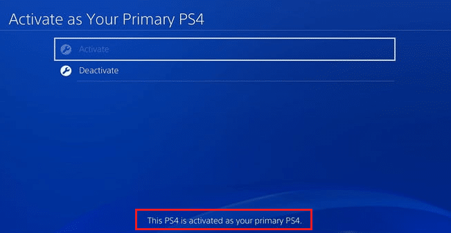 PS4 นี้เปิดใช้งานเป็น PS4 หลักของคุณในหน้าการเปิดใช้งาน