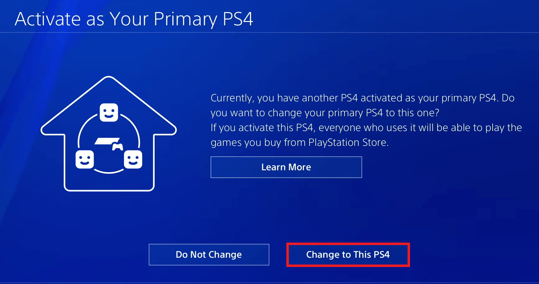 เลือกตัวเลือก เปลี่ยนเป็น PS4 นี้ เพื่อทำให้ PS4 นี้เป็นเครื่องหลัก