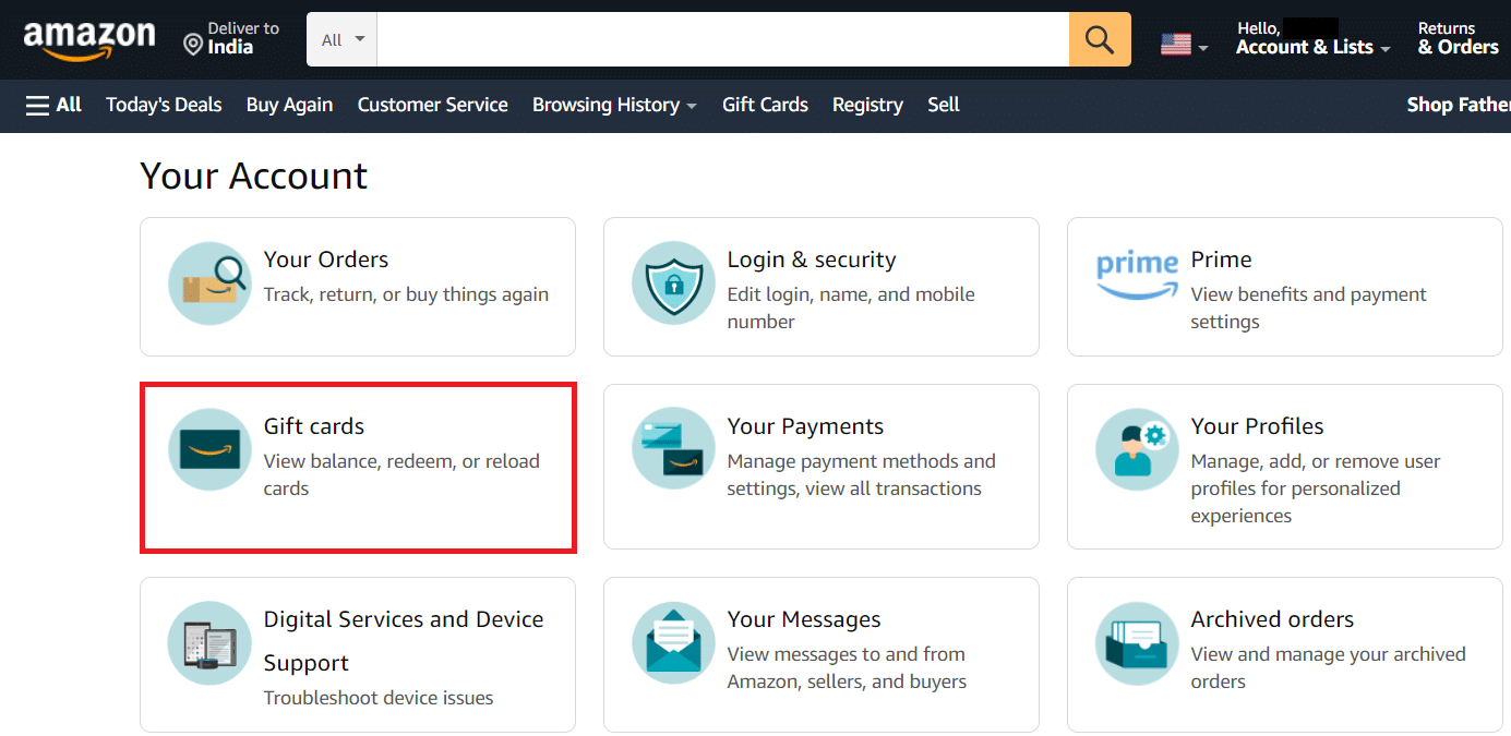 Hediye kartları sekmesine tıklayın | Amazon Hediye Kartı Bakiyesi Başka Bir Hesaba Nasıl Aktarılır