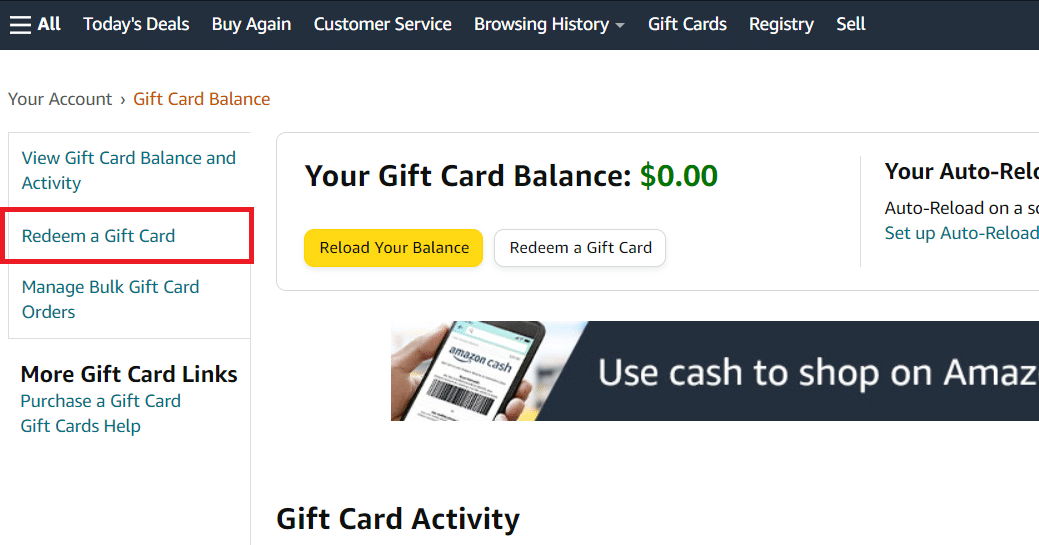 Klik opsi Redeem a Gift Card dari panel kiri