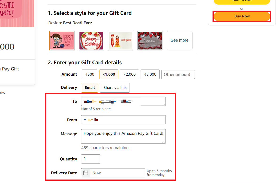 Ingrese los detalles de la tarjeta de regalo y haga clic en Comprar ahora | ¿Cómo transfiero el saldo de la tarjeta de regalo de Amazon a otra cuenta?