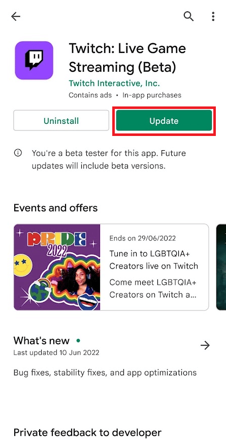 Toque na opção Atualizar para atualizar o aplicativo Twitch para a versão mais recente | Corrigir o aplicativo Twitch que não funciona no Android