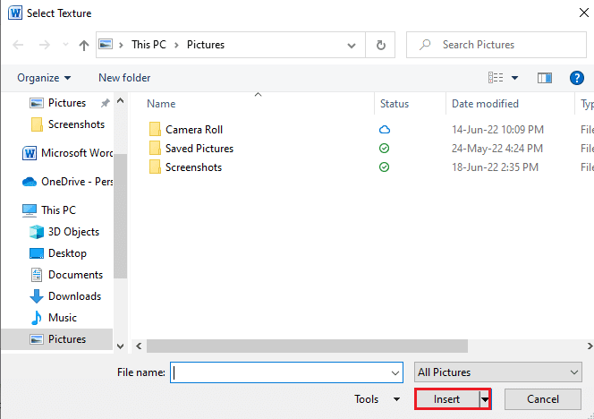 Ajoutez une image et cliquez sur insérer | Comment changer la couleur d'arrière-plan dans Microsoft Word