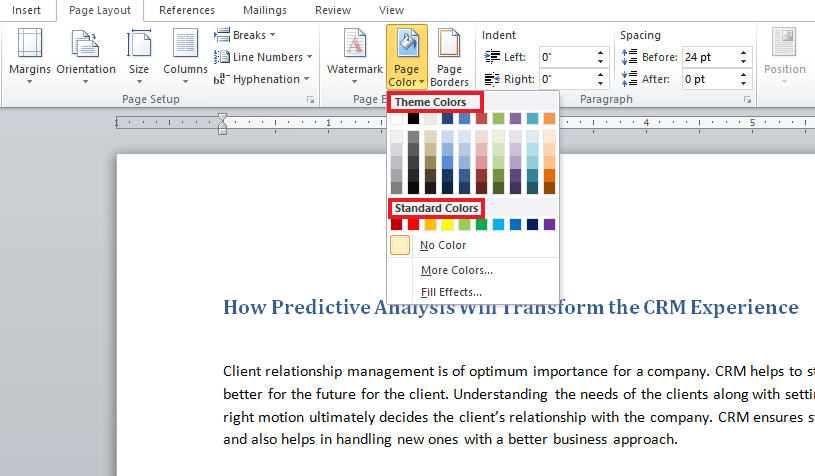 Elija entre colores temáticos o estándar | Cómo cambiar el color de fondo en Microsoft Word