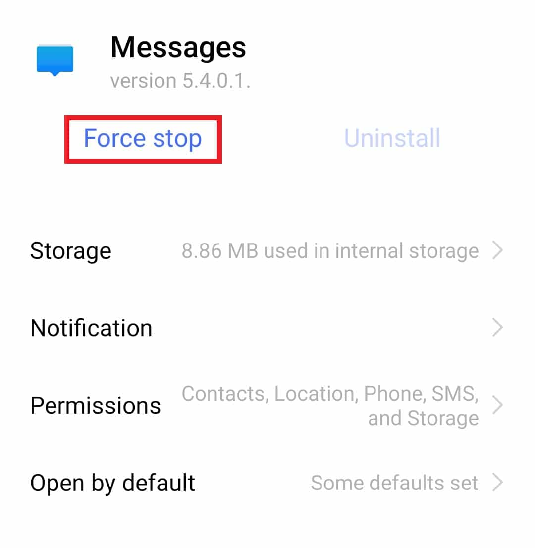 Tippen Sie auf Stopp erzwingen | Beheben Sie den Fehler „Leider wurde Messaging gestoppt“ auf Android