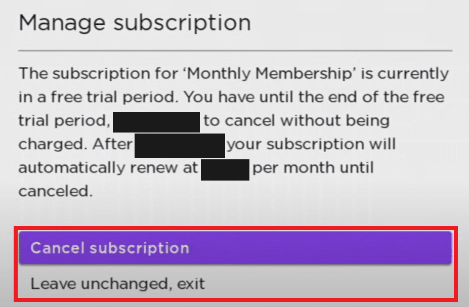 wybierz Anuluj subskrypcję lub pozostaw bez zmian, wyjdź | Jak anulować CBS na Roku?