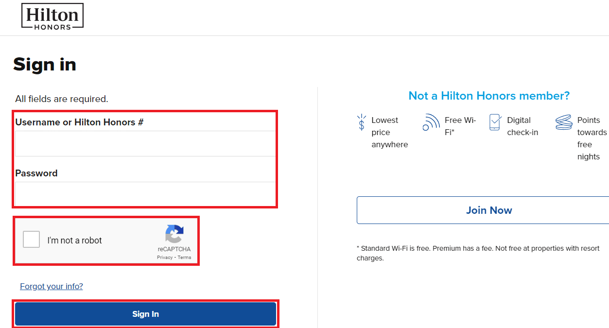 Introduceți numele dvs. de utilizator sau # Hilton Honors și parola și rezolvați Captcha. Apoi, faceți clic pe Conectare