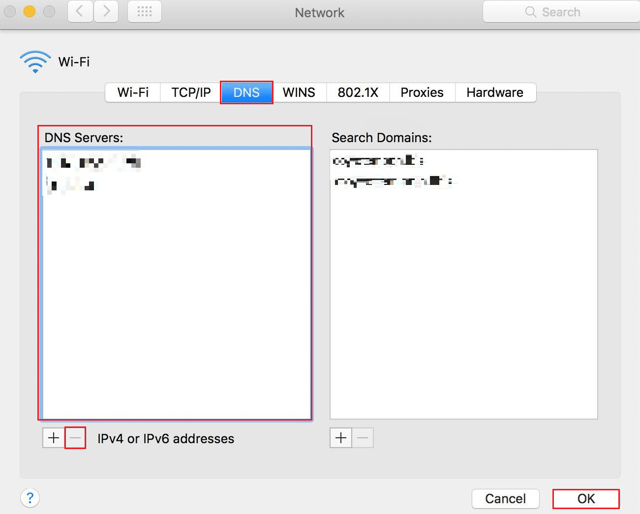 Zakładka DNS - Wybierz bieżące serwery DNS i kliknij opcję minus (-) - kliknij OK