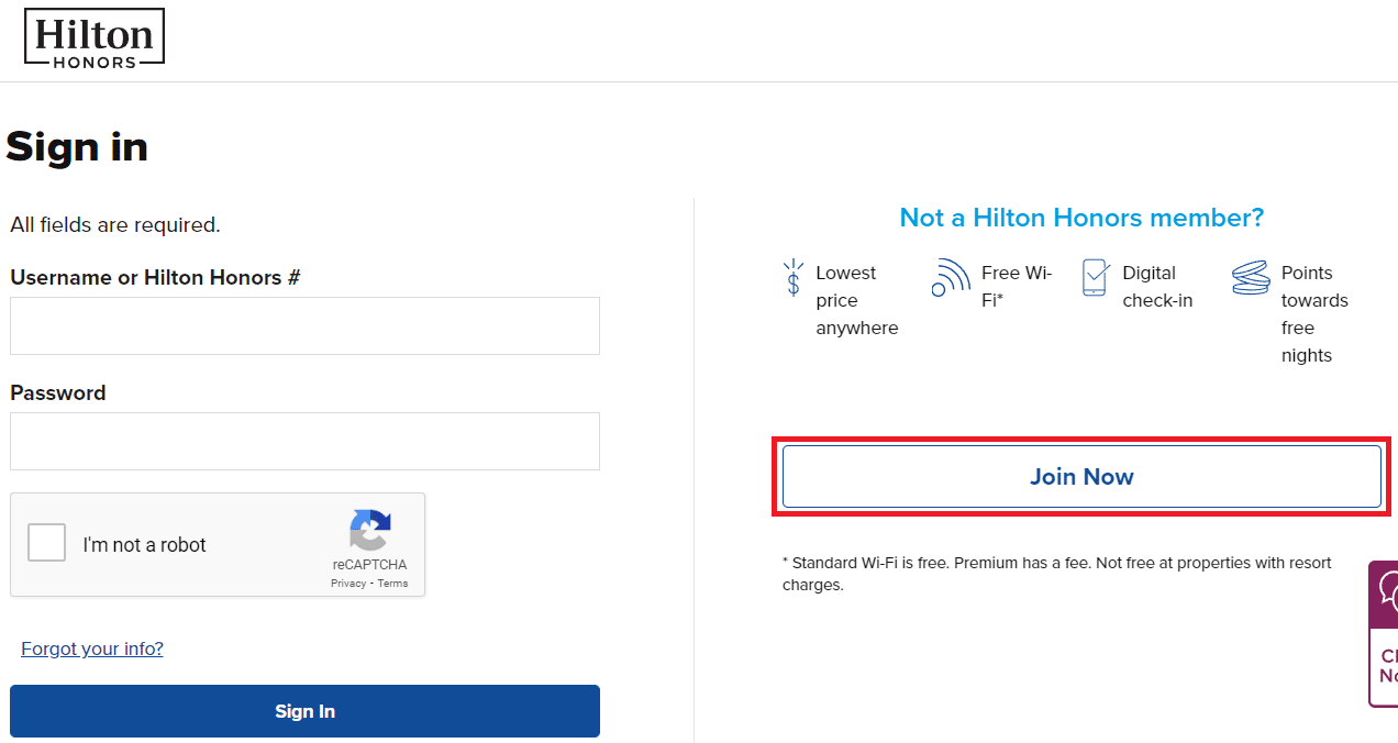 haga clic en la opción Unirse ahora | Hilton HHonors Wi-Fi