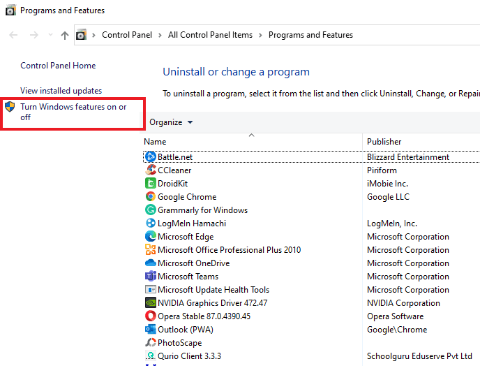 Fai clic su Attiva o disattiva le funzionalità di Windows. Risolto il problema con la raccolta di solitari Microsoft non funzionante