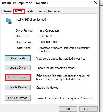 Abra la pestaña del controlador y haga clic en revertir el controlador. Arreglar la colección de solitarios de Microsoft que no funciona