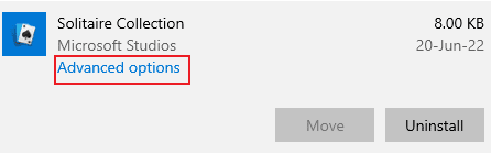 Klicken Sie auf erweiterte Optionen. Beheben Sie, dass die Microsoft Solitaire-Sammlung nicht funktioniert
