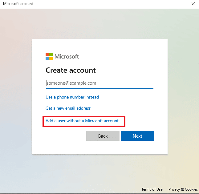 Microsoftアカウントを持たないユーザーの追加をクリックします。 MicrosoftSolitaireコレクションが機能しない問題を修正