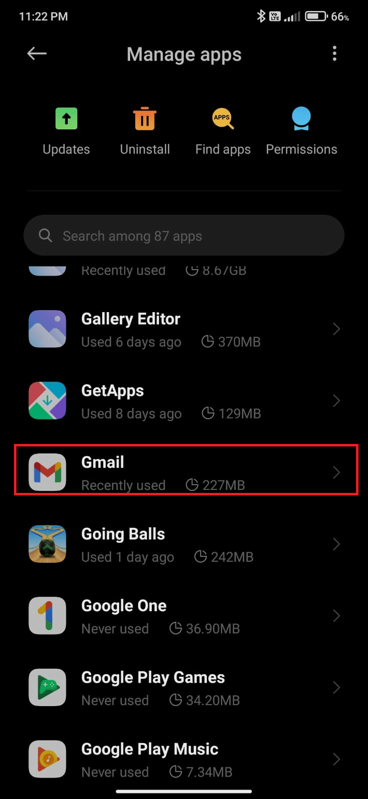 然后，点击管理应用程序，然后点击 Gmail