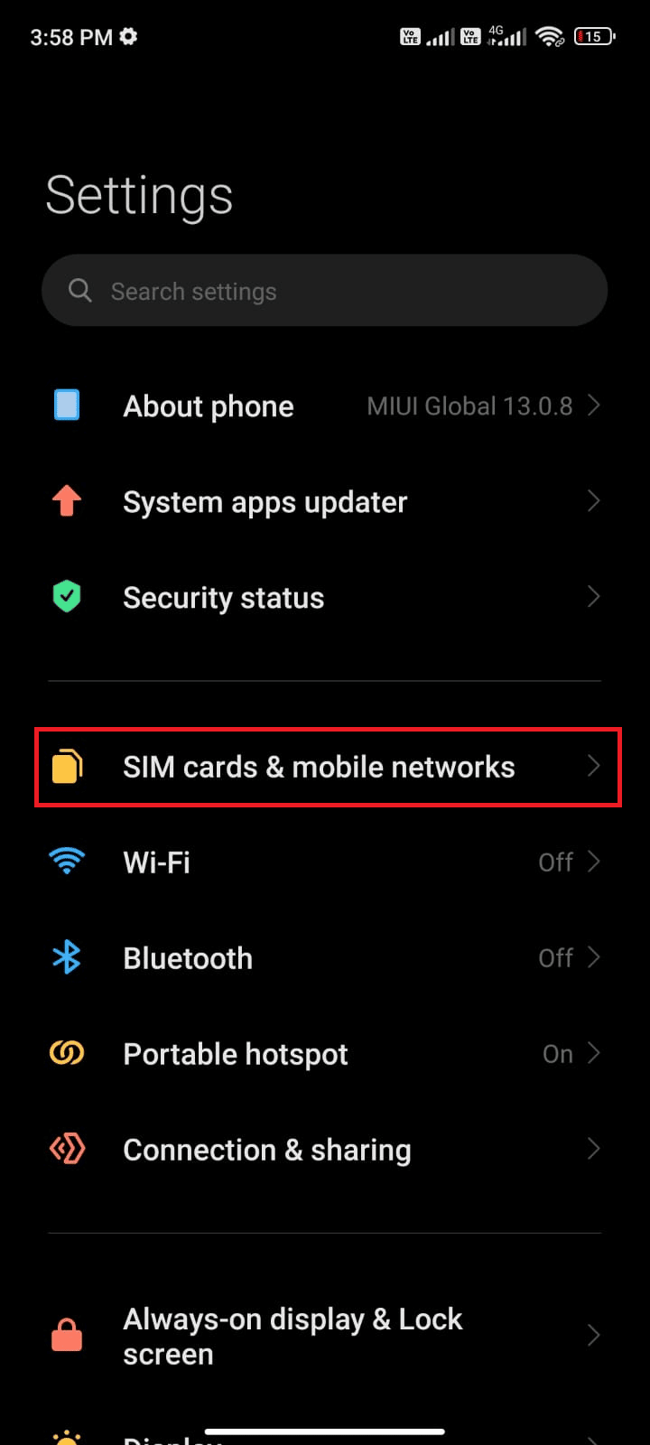 Tippen Sie dann auf die Option Mobilfunknetze der SIM-Karten