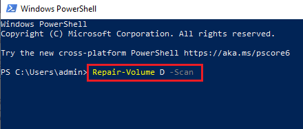 Digite o comando Repair Volume D Scan. Corrigir a verificação de disco não pôde ser executada porque o Windows não pode acessar o disco