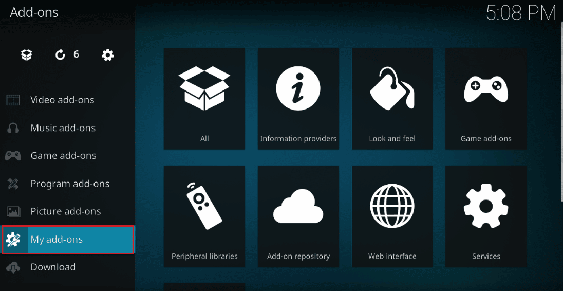 คลิกที่แท็บ Add-on ของฉัน แก้ไขข้อผิดพลาดการค้นหา Kodi บน Windows 10