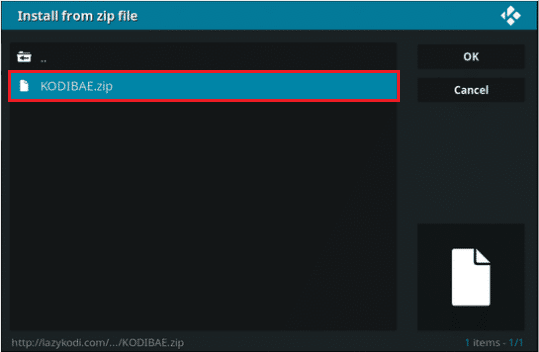 kliknij plik KODIBAE.zip na ekranie, aby zainstalować repozytorium Kodi Bae